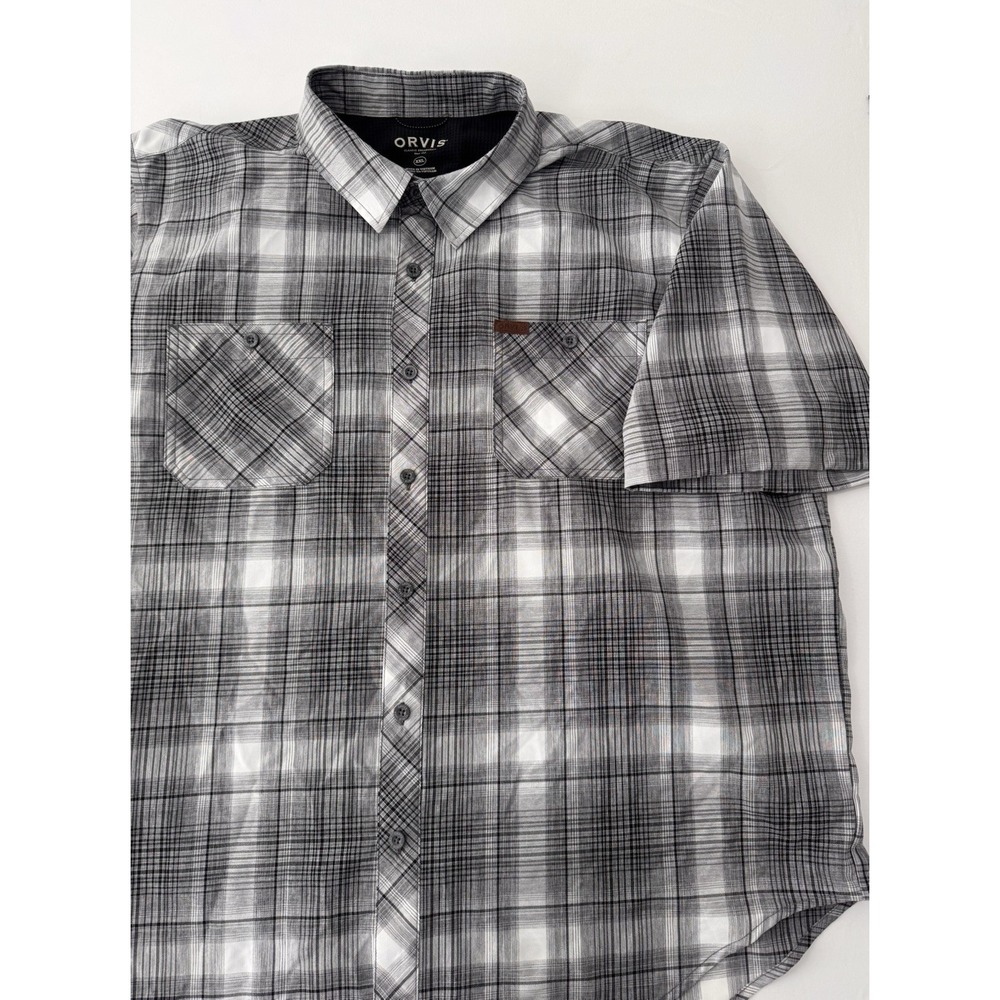 Orvis Mens XXL Gray Plaid Short Sleeve Button Up Shirt Fishing Outdoor Lens Clot